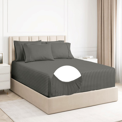 BSB HOME 220 TC Cotton King Striped Fitted (Elastic) Bedsheet(Pack of 1, Dark Grey)