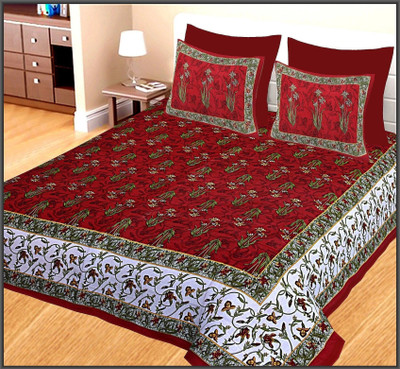 Leo Creation 144 TC Cotton Double Jaipuri Prints Flat Bedsheet(Pack of 1, Red)