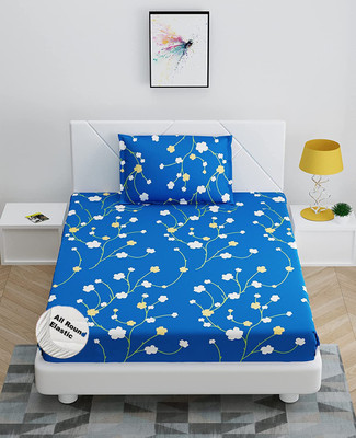 DECOMIZER 210 TC Cotton Single Printed Fitted (Elastic) Bedsheet(Pack of 1, Blue3)