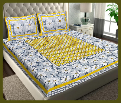 BedZone Cotton King Flat 240 TC Jaipuri Prints Bedsheet(Pack of 1, Yellow)
