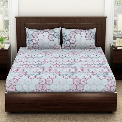 SPACES 144 TC Cotton Double Geometric Flat Bedsheet(Pack of 1, ILLUSION BLUE)