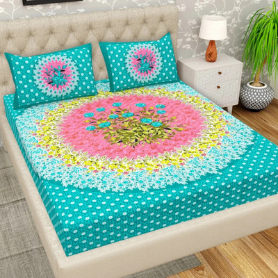 Jeevat Cotton Double Flat 144 TC Jaipuri Prints Bedsheet(Pack of 1, Green)