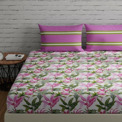Huesland 144 TC Cotton King Striped Flat Bedsheet(Pack of 1, Flamingo & Stripes - Pink & Green)