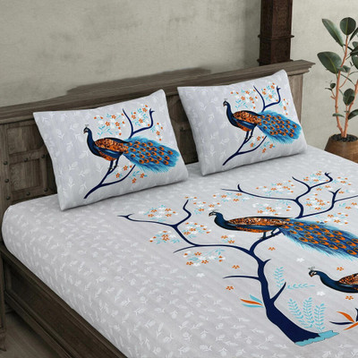 Poorak 144 TC Cotton Double Printed Flat Bedsheet(Pack of 1, Peacock Blue)