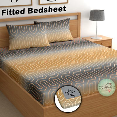 CG Homes Cotton Double Fitted (Elastic) 180 TC Printed Bedsheet(Pack of 1, Grey & Orange)