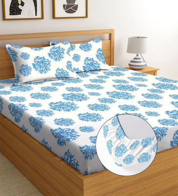 Moonroof Cotton King Fitted (Elastic) 255 TC Printed Bedsheet(Pack of 1, White, Blue_Floral)
