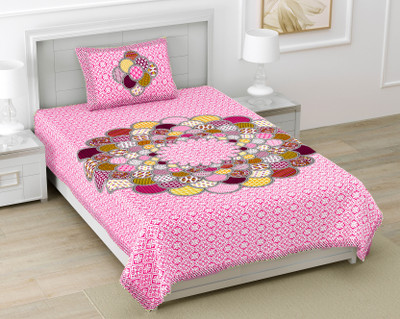 KOUNDAL Cotton Single Flat 144 TC Jaipuri Prints Bedsheet(Pack of 1, Pink)
