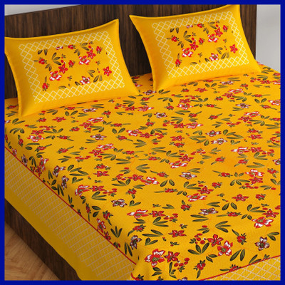 JAIPUR PRINTS 160 TC Cotton Double Jaipuri Prints Flat Bedsheet(Pack of 1, Yellow)