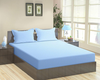 Jinaya's Cotton King Flat 300 TC Striped Bedsheet(Pack of 1, Blue)