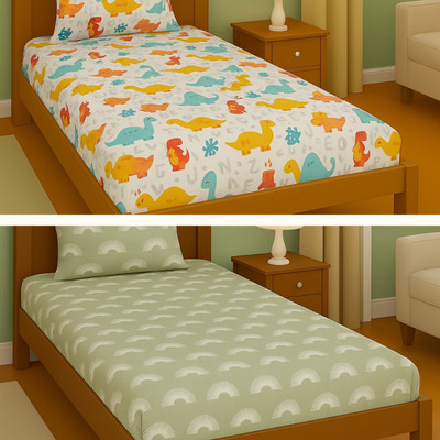 Lzyhome Cotton Single Fitted (Elastic) 310 TC Printed Bedsheet(Pack of 2, White Cartoon&Light Green)