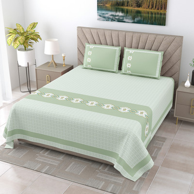 JAIPUR FABRIC Cotton Super King Flat 240 TC Printed Bedsheet(Pack of 1, Green, White)