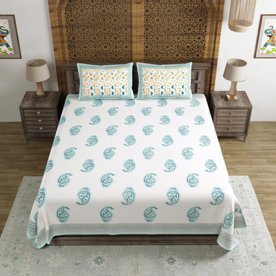 Blocks Of India Cotton King Flat 200 TC Paisley Bedsheet(Pack of 1, Turquoise)
