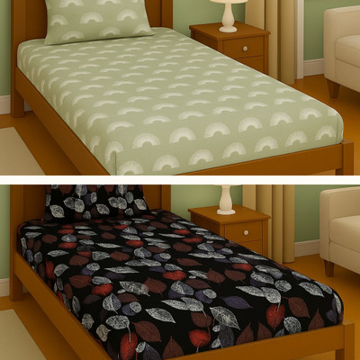 Lzyhome Cotton Single Fitted (Elastic) 310 TC Printed Bedsheet(Pack of 2, Light Green&Black)