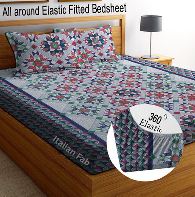 Italian Fab Cotton King Fitted (Elastic) 180 TC Printed Bedsheet(Pack of 1, BLUE_JAIPURI_HEAVY)