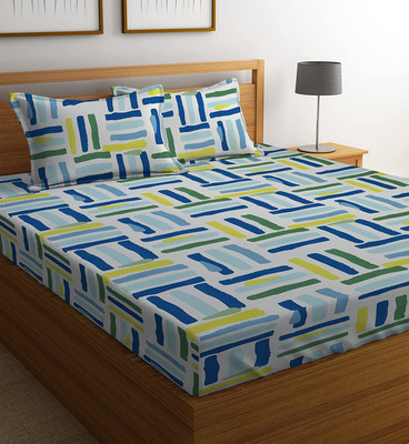 TripleV 210 TC Cotton Double Geometric Fitted (Elastic) Bedsheet(Pack of 1, White Line)