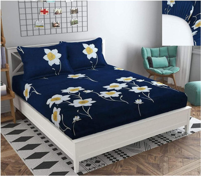 precise fabrics Microfiber Queen Fitted (Elastic) 250 TC Printed Bedsheet(Pack of 1, Blue)