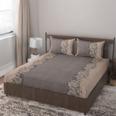 HUESPACE Cotton, Microfiber Double Flat 300 TC Printed Bedsheet(Pack of 1, Brown, Beige)