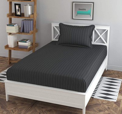 RUSTIC LINEN 144 TC Microfiber Single Striped Flat Bedsheet(Pack of 1, Grey)