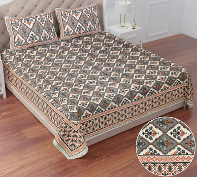 BharatLinen Cotton King Flat 260 TC Jaipuri Prints Bedsheet(Pack of 1, Grey)