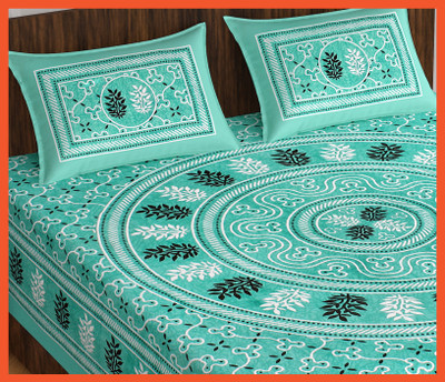 JAIPUR PRINTS Cotton Double Flat 240 TC Jaipuri Prints Bedsheet(Pack of 1, Sky)
