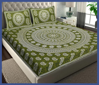 JAIPUR PRINTS Cotton Double Flat 240 TC Jaipuri Prints Bedsheet(Pack of 1, Green)