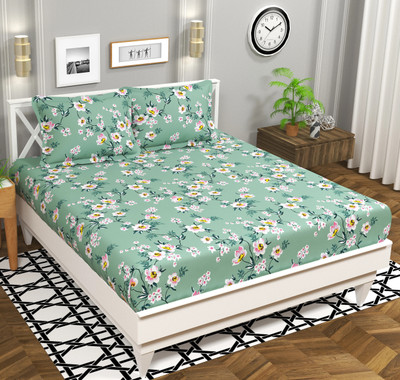 VAS COLLECTIONS 160 TC Cotton Double Floral Flat Bedsheet(Pack of 1, Sage green)