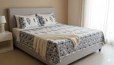 Rigveda Cotton King Flat 150 TC Jaipuri Prints Bedsheet(Pack of 1, White)