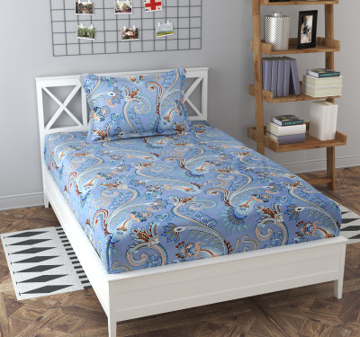 Prosseya 170 TC Cotton Single Checkered Fitted (Elastic) Bedsheet(Pack of 1, Blue)