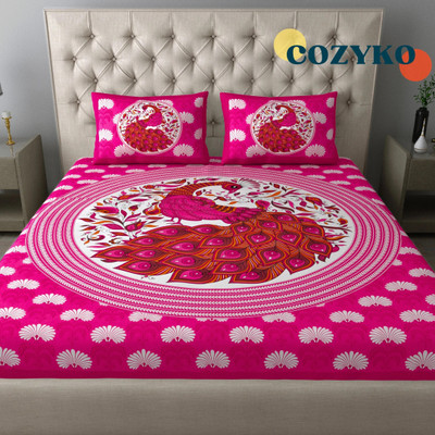 COZYKO Cotton Double Flat 144 TC Printed Bedsheet(Pack of 1, Pink Peacock)