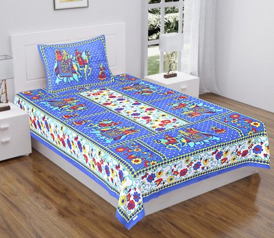 Navkar Creation 104 TC Cotton Single Jaipuri Prints Flat Bedsheet(Pack of 1, Blue)