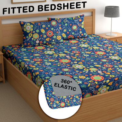 CG Homes Cotton King Fitted (Elastic) 180 TC Printed Bedsheet(Pack of 1, Blue Multi)
