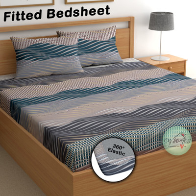 CG Homes 180 TC Cotton Double Printed Fitted (Elastic) Bedsheet(Pack of 1, Grey Multi)