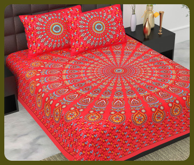BedZone Cotton Double Flat 240 TC Jaipuri Prints Bedsheet(Pack of 1, Red)