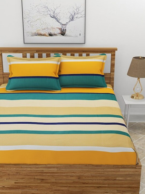 The Divine 220 TC Microfiber Double Striped Fitted (Elastic) Bedsheet(Pack of 1, Yellow, White)