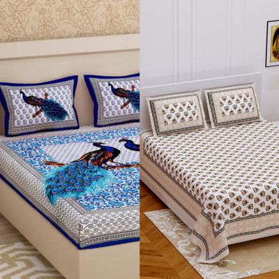 Poorak Cotton Double Flat 210 TC Jaipuri Prints Bedsheet(Pack of 2, BLUE_A945)