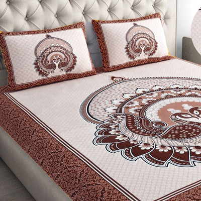 Mohini Dyeing Cotton Double Flat 144 TC Jaipuri Prints Bedsheet(Pack of 1, Chocolaty)