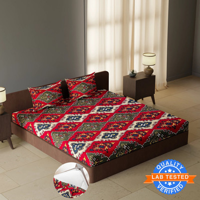 CARLTON LONDON 144 TC Polyester Double Geometric Fitted (Elastic) Bedsheet(Pack of 1, Maroon)