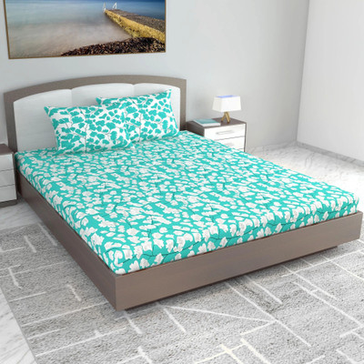 Divine Casa Cotton King Flat 144 TC Floral Bedsheet(Pack of 1, Aqua Green)
