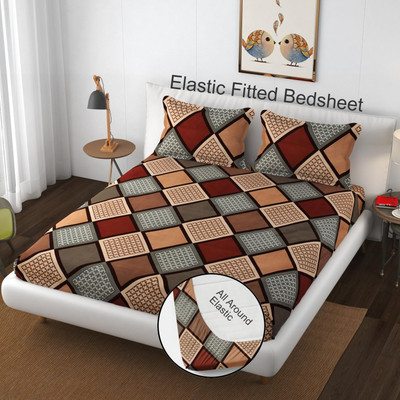 Amrange 210 TC Microfiber King Geometric Fitted (Elastic) Bedsheet(Pack of 1, Multicolor)