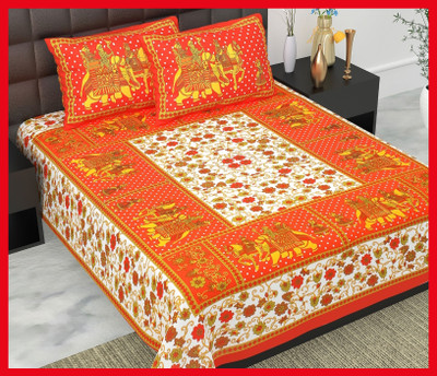 BedZone Cotton Double Flat 240 TC Jaipuri Prints Bedsheet(Pack of 1, Orange)