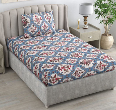 RUSTIC LINEN 144 TC Microfiber Single Printed Flat Bedsheet(Pack of 1, Blue:White:Red)
