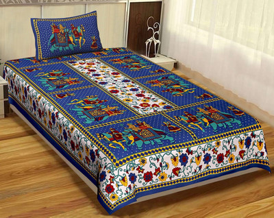 Mohini Dyeing 144 TC Cotton Single Jaipuri Prints Flat Bedsheet(Pack of 1, Blue)