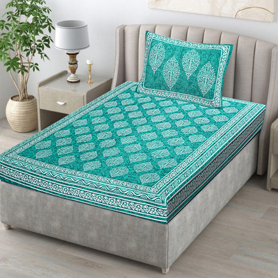 LILADEEP 152 TC Cotton Single Jaipuri Prints Flat Bedsheet(Pack of 1, SeaGreen)