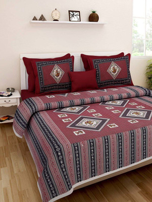 PALANG SHOBHA Cotton Double Flat 200 TC Jaipuri Prints Bedsheet(Pack of 1, Maroon)