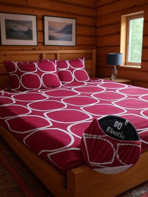 otizem Polycotton Double Fitted (Elastic) 22 TC Geometric Bedsheet(Pack of 1, Maroon)