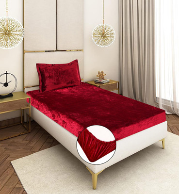 Crafteal Velvet Single Fitted (Elastic) 300 TC Solid Bedsheet(Pack of 1, Red)
