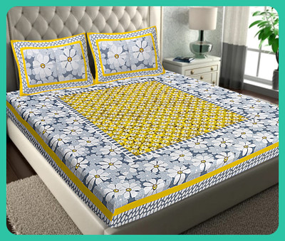 JAIPUR PRINTS Cotton Double Flat 210 TC Jaipuri Prints Bedsheet(Pack of 1, Yellow)