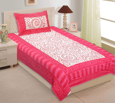VNV Creation 180 TC Cotton Single Jaipuri Prints Flat Bedsheet(Pack of 1, Pink)
