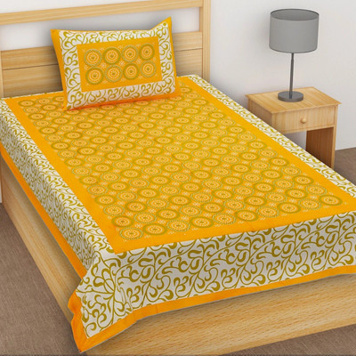 LILADEEP 152 TC Cotton Single Jaipuri Prints Flat Bedsheet(Pack of 1, Yellow)