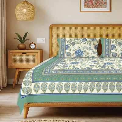 Urban Space Cotton King Flat 240 TC Floral Bedsheet(Pack of 1, Green, Blue)